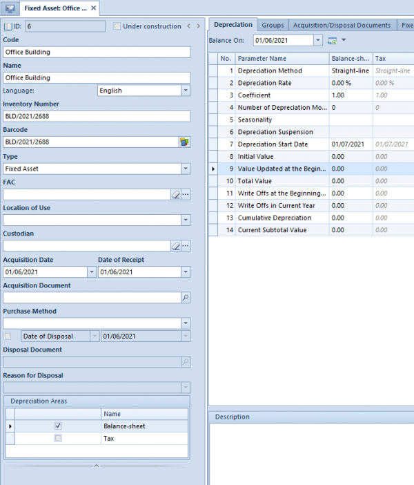 Fixed asset form – Comarch ERP Standard 2025.0 Knowledge Base