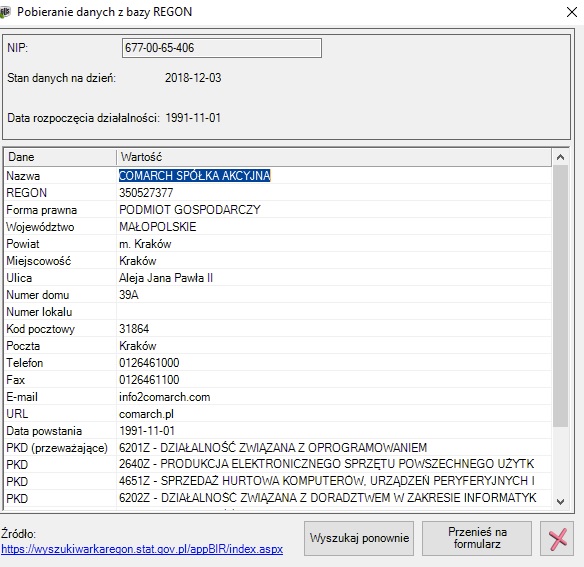 Window for downloading data from GUS.