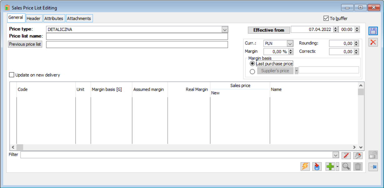 Sales price list editing window, General tab.