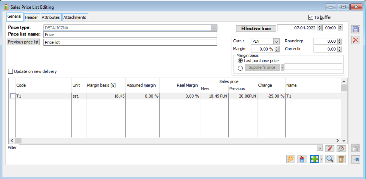 Sales price list editing window with the selected previous price list.