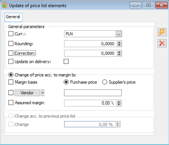 The form for updating price list items.