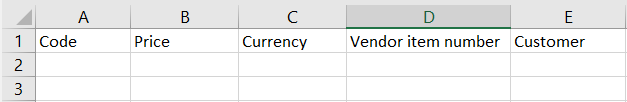 Sample price list import worksheet from spreadsheet