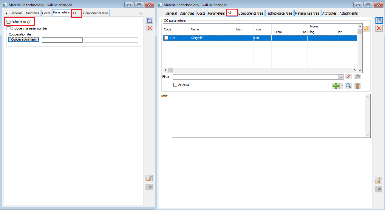 Parameter: Subject to QC and tab: QC visible after selecting the above-mentioned parameter