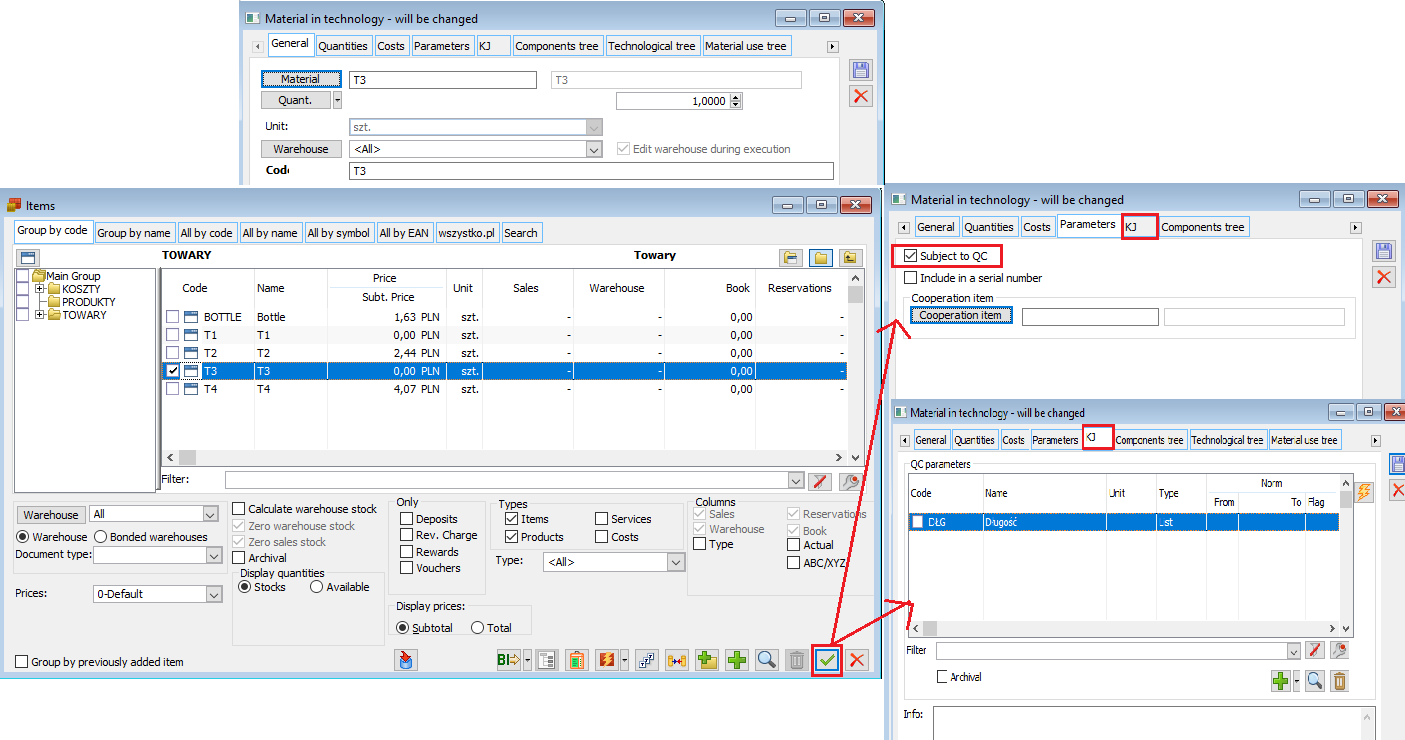 Automatic transfer of parameters from the default template to the material in the technology when assigning the product card to the material in the technology