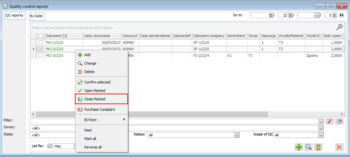 Closing operation of QCR document