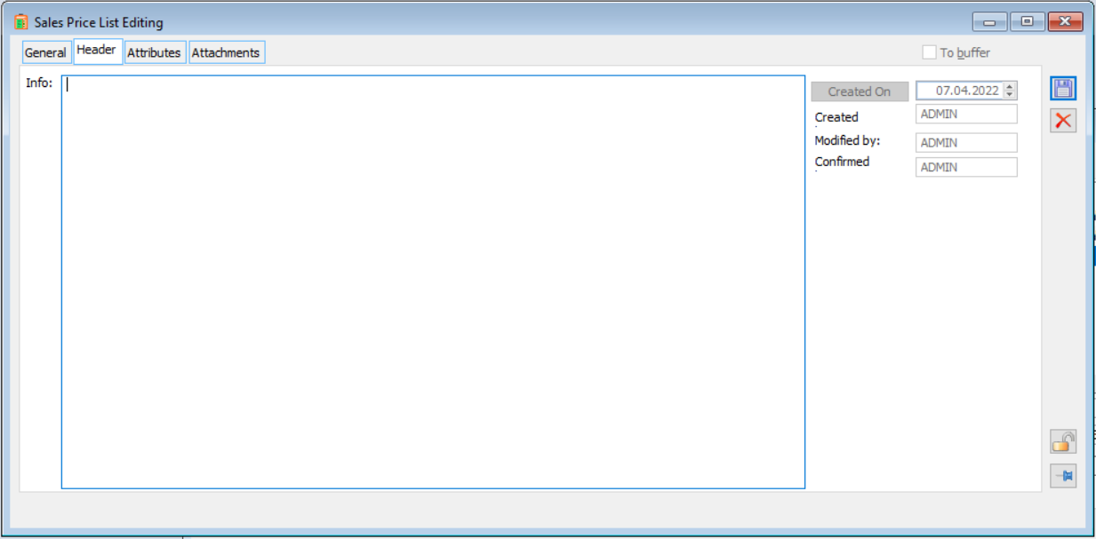 Editing sales price list, Header tab.