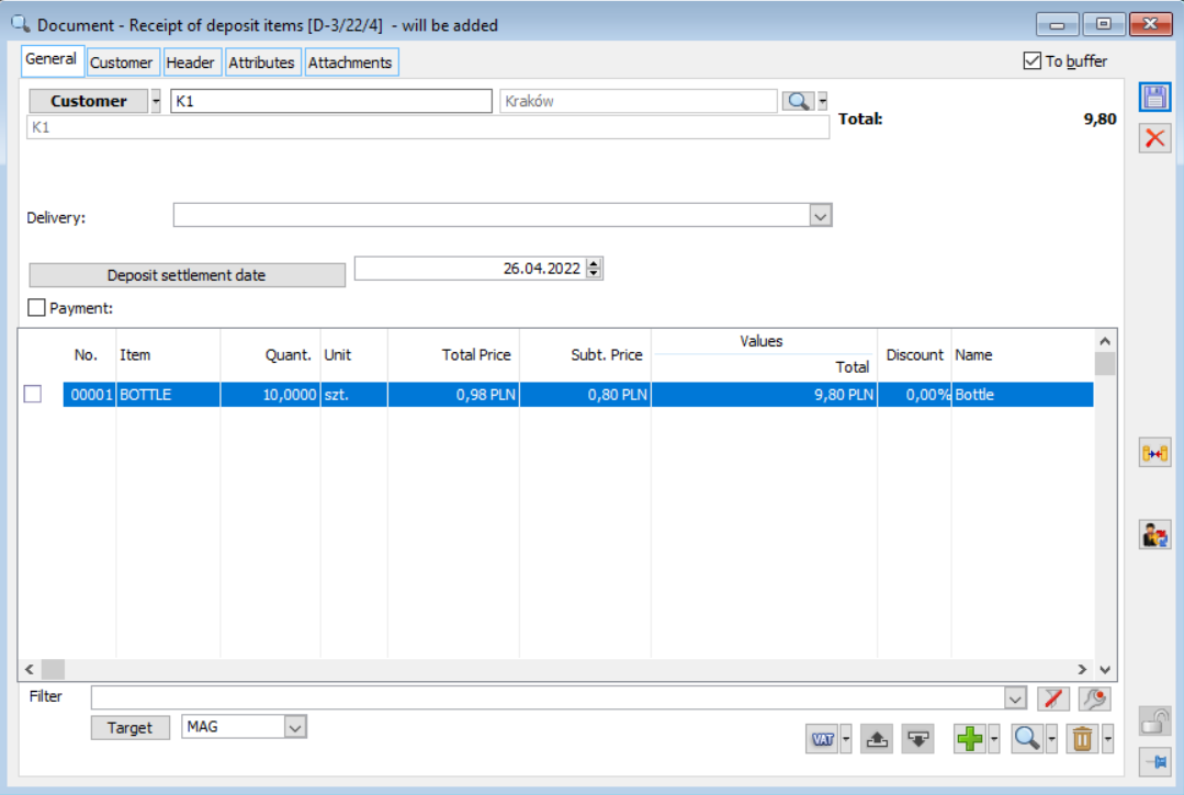 Receipt of deposit goods, tab: General.