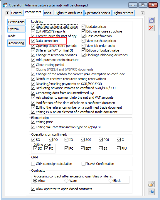 Operator’s permission to record data correction.