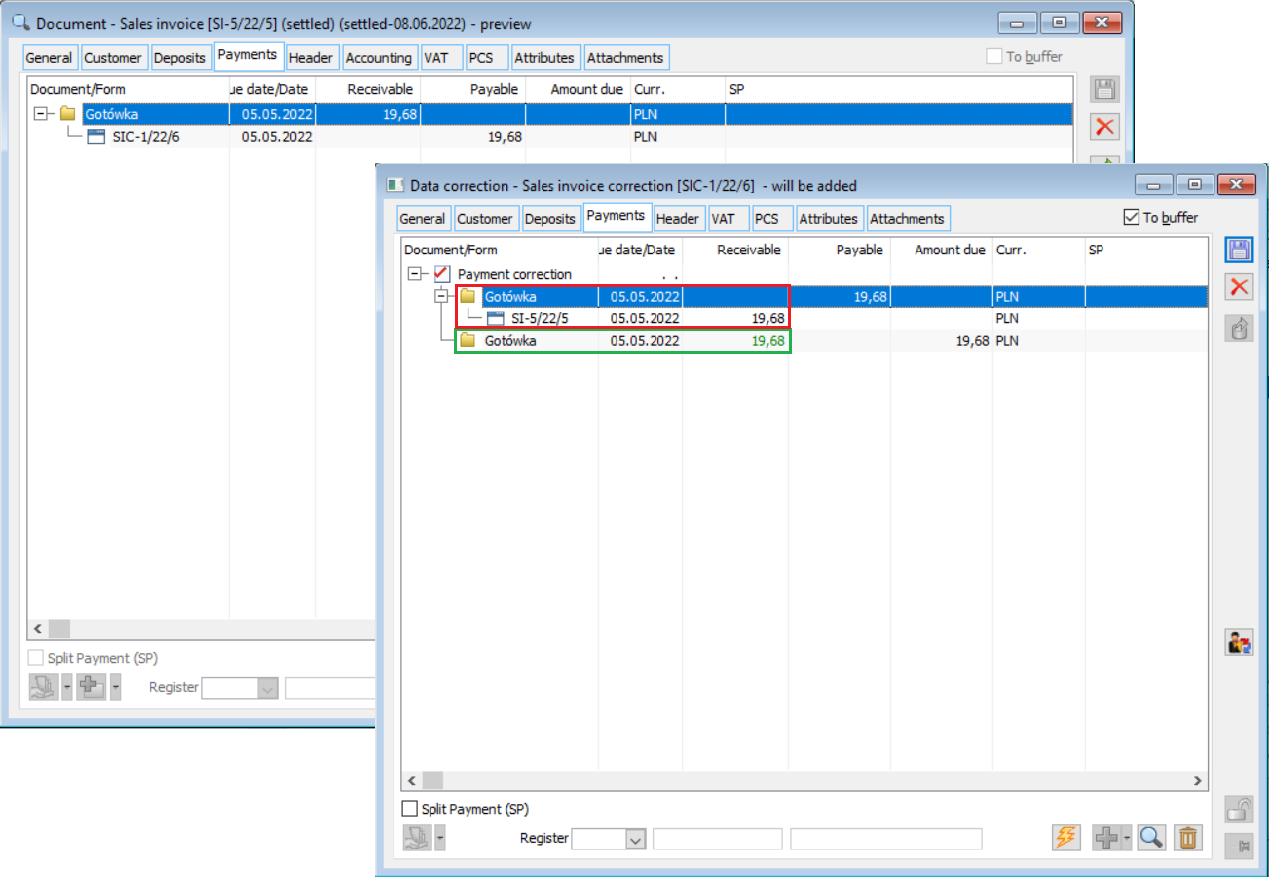 Offsetting original payment and “after correction” payments on corrected data.