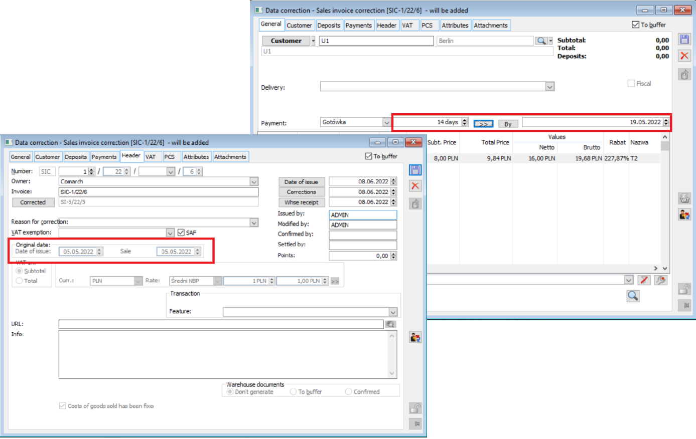 Correction of the payment date on the General tab according to the original date.