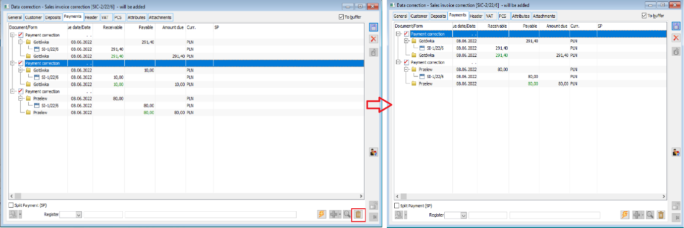 Deletion of payment from data correction – corrected and correcting payment deleted.