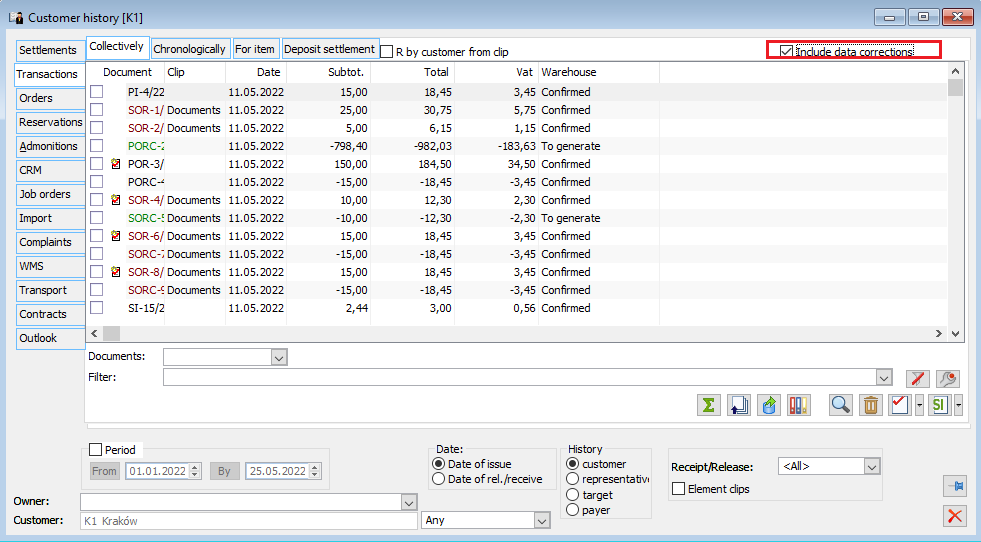 Parameterisation of the contractor’s history with regard to the inclusion of data corrections.