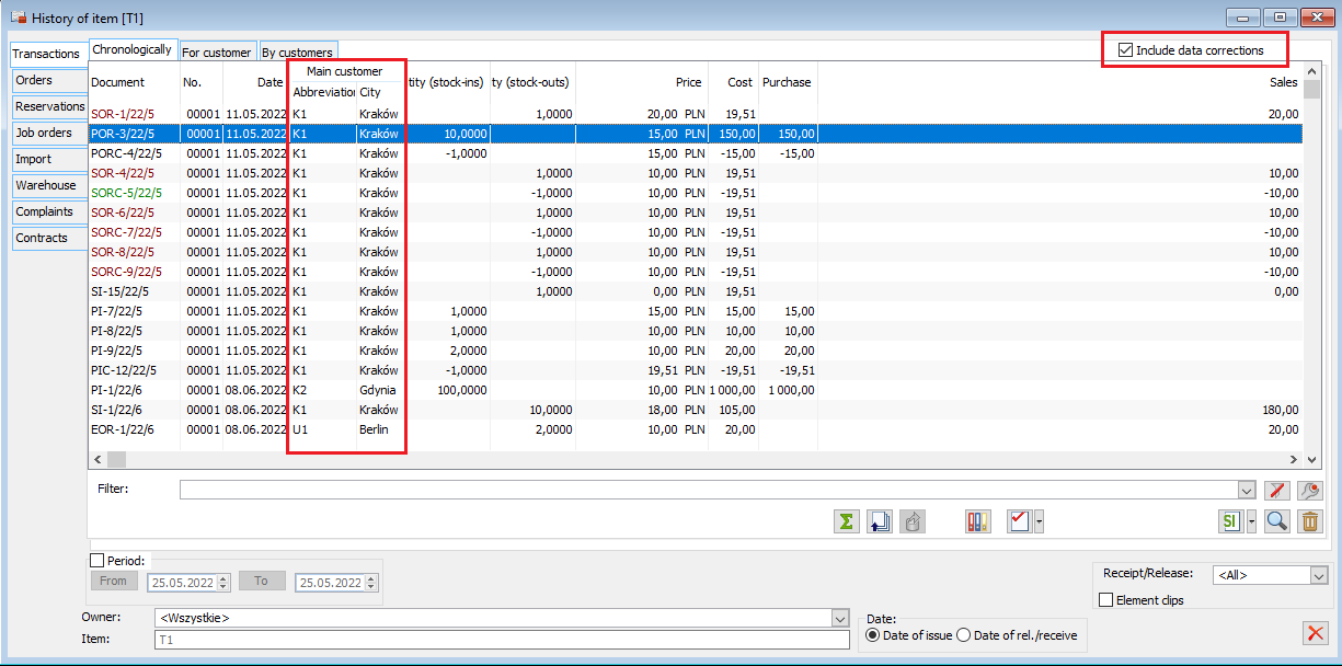 Parameterisation of the goods history with regard to the identification of the contractor on the transaction.