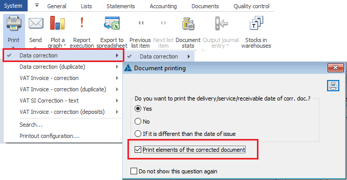 Parameterisation of printing elements on the Data correction.