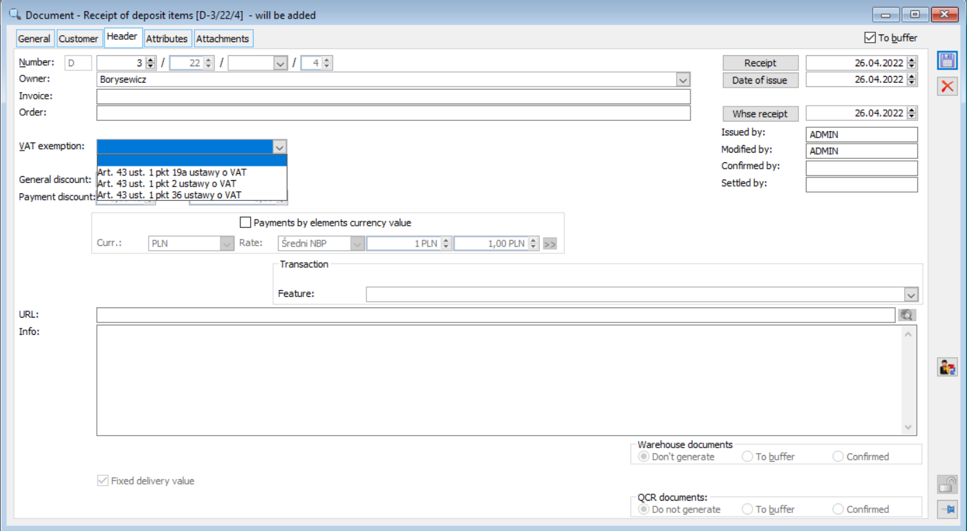 Receipt of deposit goods, tab: Header.