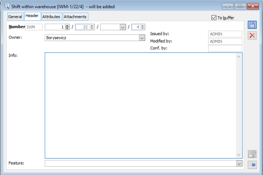 Intra-warehouse transfer, tab: Header.