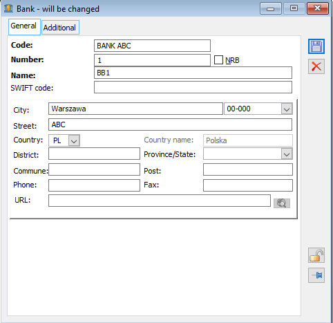 Bank, General tab.