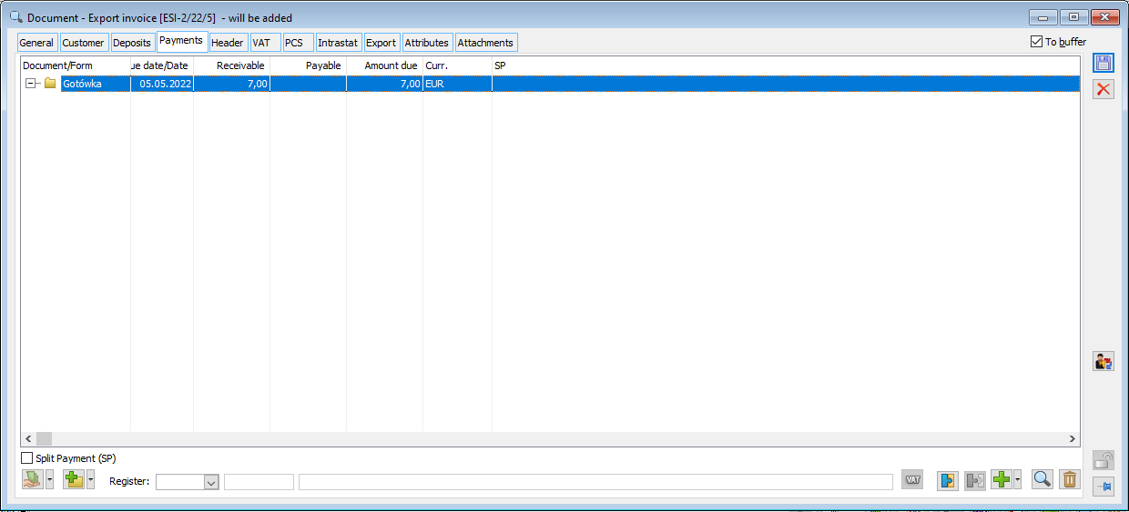 Export sales invoice, tab: Payments.