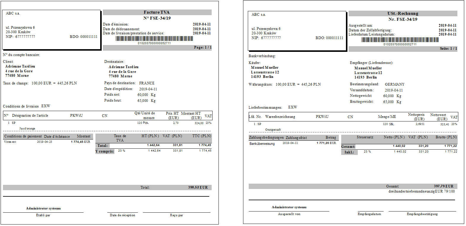 FSE invoice printout in French and German