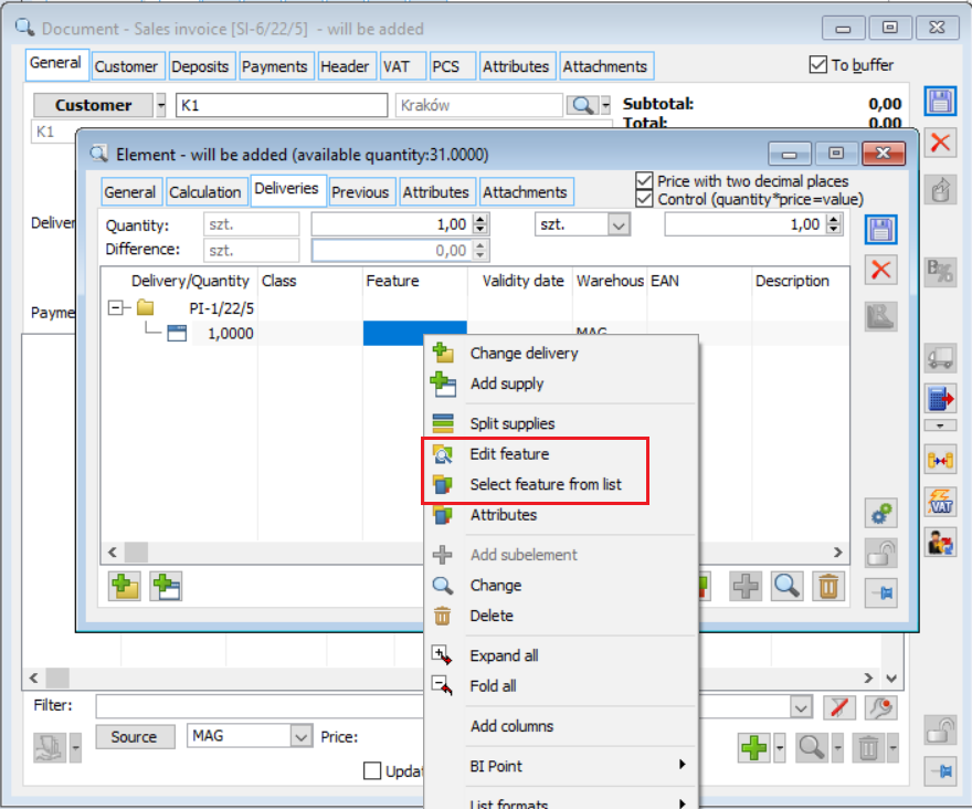 FS commercial document – Deliveries tab. Edit feature. Selecting a feature from the list.