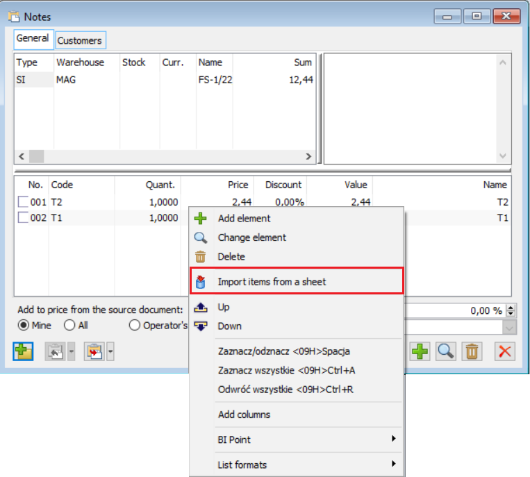 Importing goods from a sheet into a notepad.