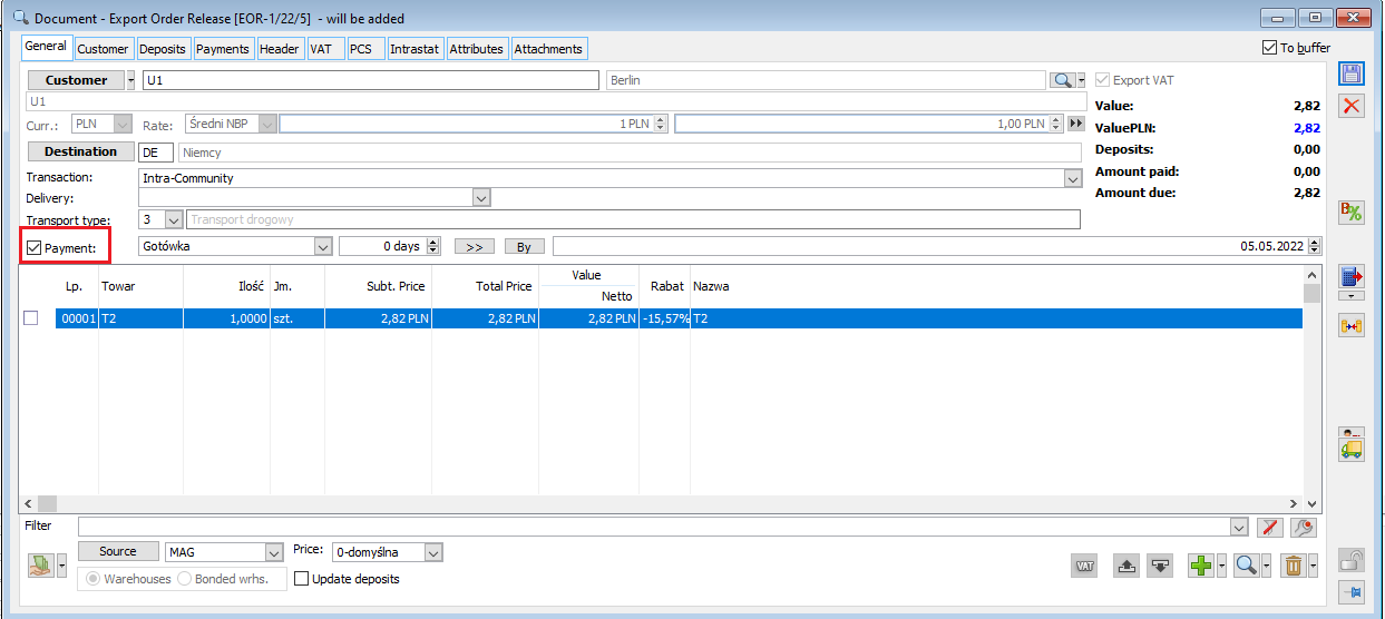 Enabling/disabling payments on the WZE document.