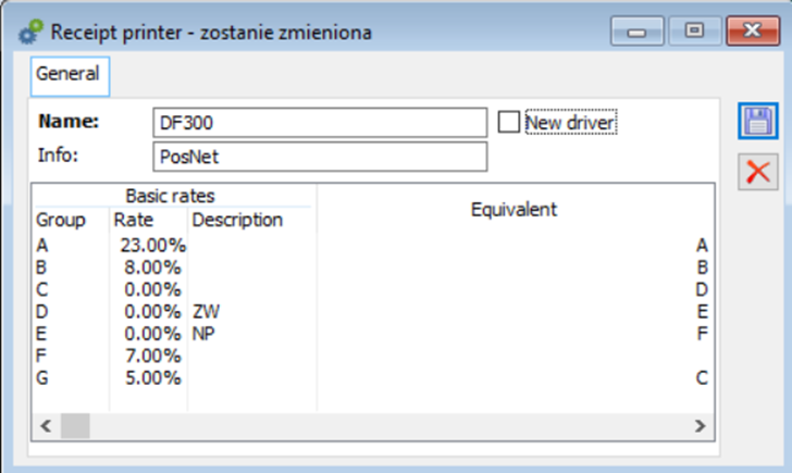 Fiscal printer window with New driver parameter deselected