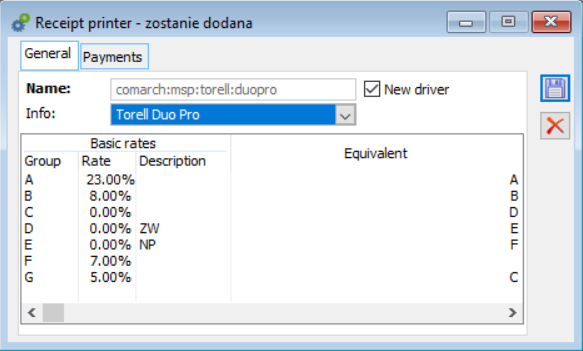 Fiscal printer window with New driver parameter selected