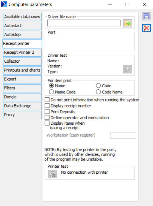 Selecting driver for receipt printer in Administrator module on Receipt Printer tab