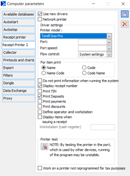 Selecting driver for receipt printer in Administrator module on Receipt Printer 2 tab