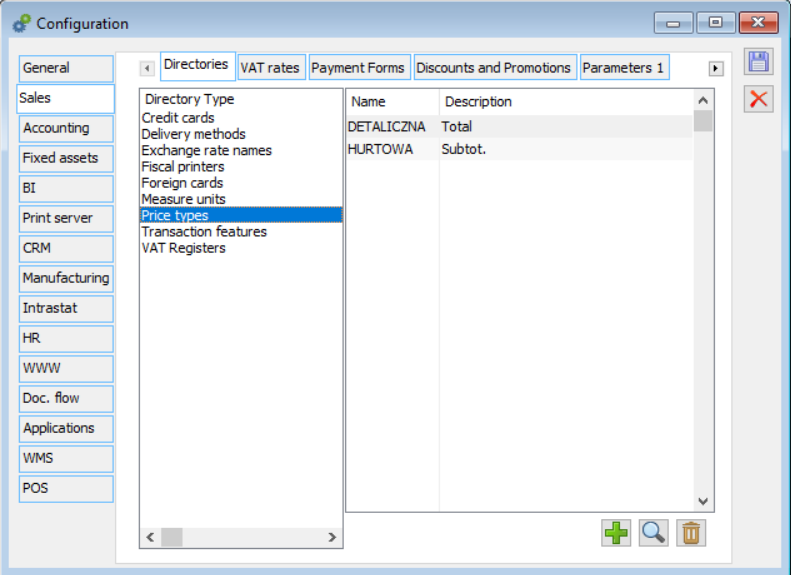 Sales module configuration - Price types.