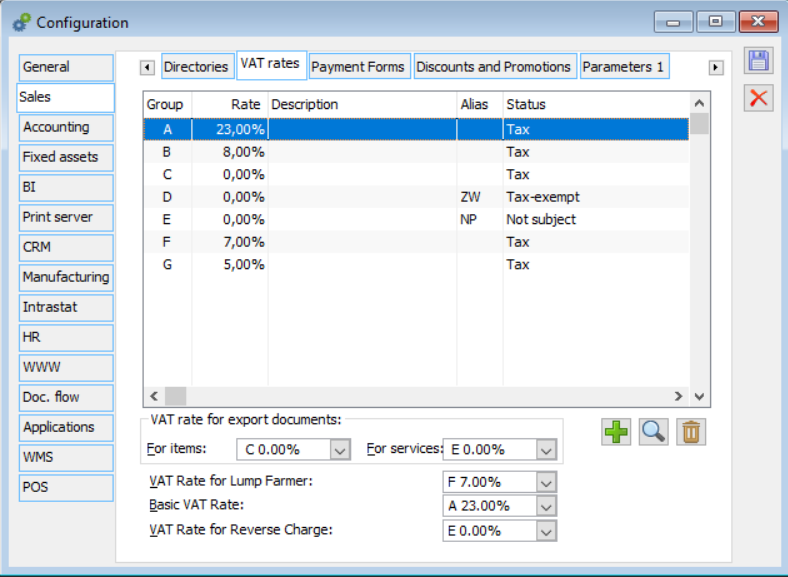 Configuration, VAT rates tab