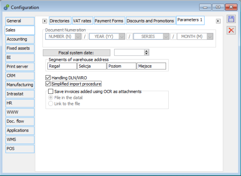 Configuration, Sales/Parameters 1 tab.