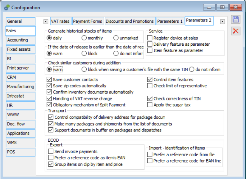 Configuration, Sales/Parameters 2 tab.