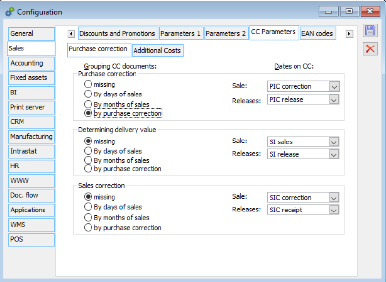 Configuration, Sales/CC Parameters/Purchase correction.