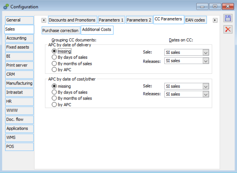 Configuration, Sales/CC Parameters/Additional costs tab.