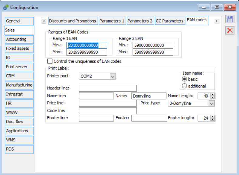 Configuration, EAN codes tab.