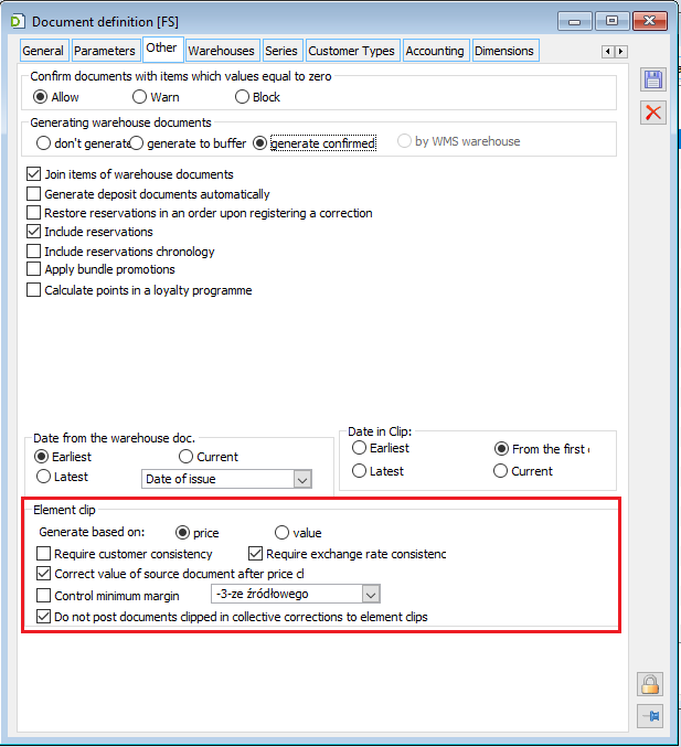 Parameters on the document definition.