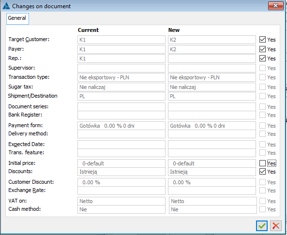 Window of changes on a document after changing the contractor.