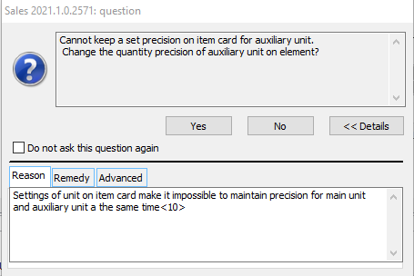 Quantity precision check message for auxiliary unit on document item