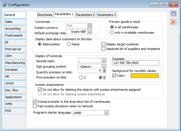 Configuration, General, Parameters 1 tab