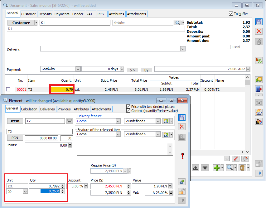 Precision of the product quantity on an item of 4 decimal places with a global precision parameter of 2 decimal places.