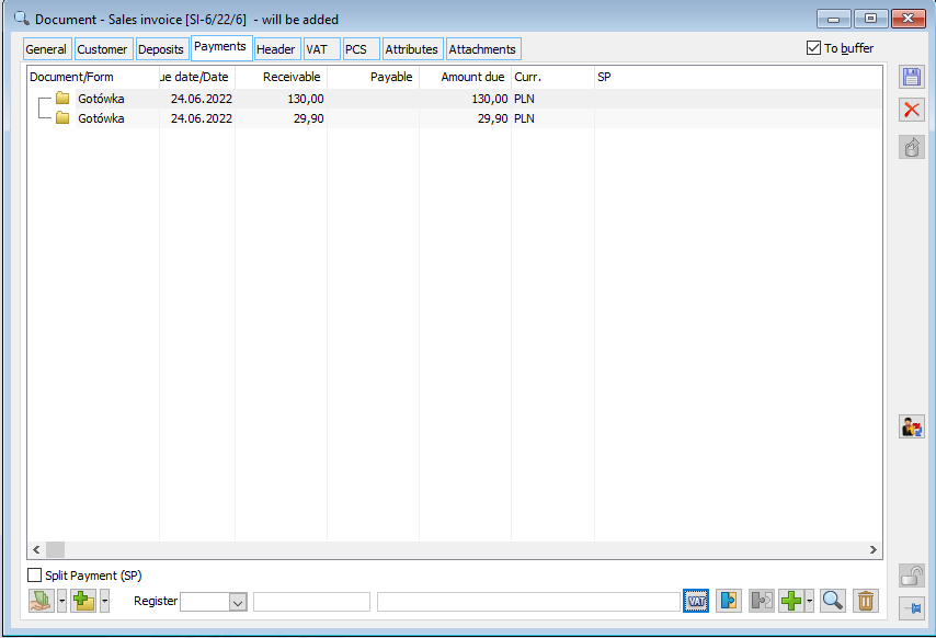 Split the payment between the VAT amount and the remaining document value on the “Payments” tab of the FS document.