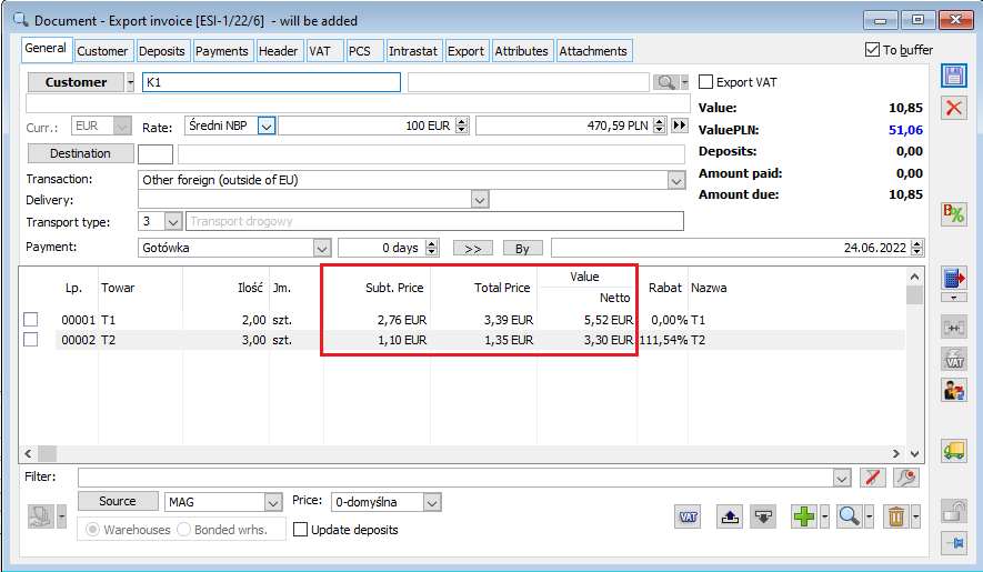 Currency of the price/value in the items list using the FSE document as an example