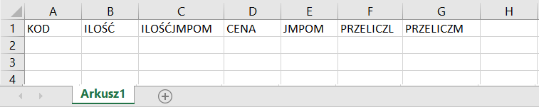 Template for importing elements of a commercial document from a spreadsheet