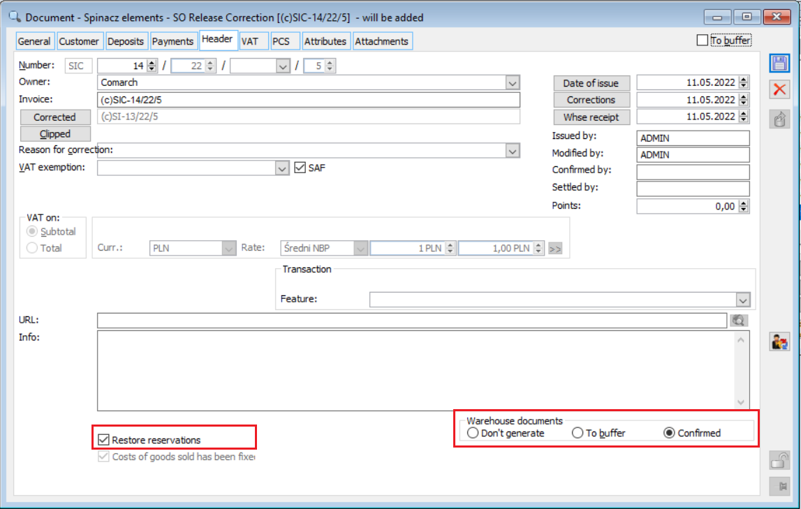 Options for generating warehouse documents and restoring reservations on the (s)FSK form