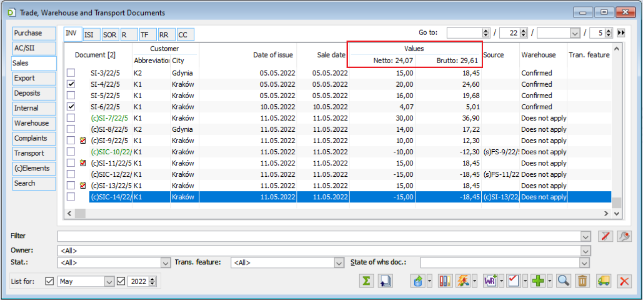 Total value of selected sales invoices