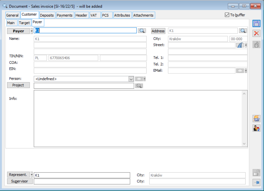 Sales invoice, tab: Contractor/Payer.