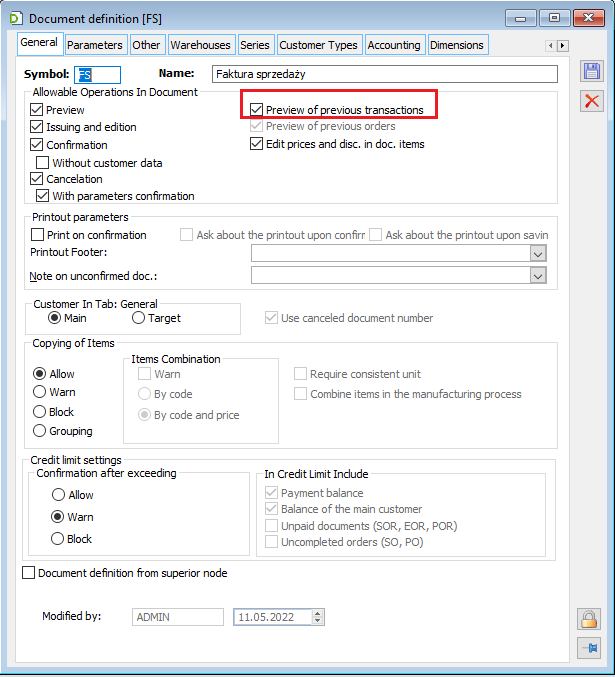 FS document definition, with the parameter selected: Preview of previous transactions.