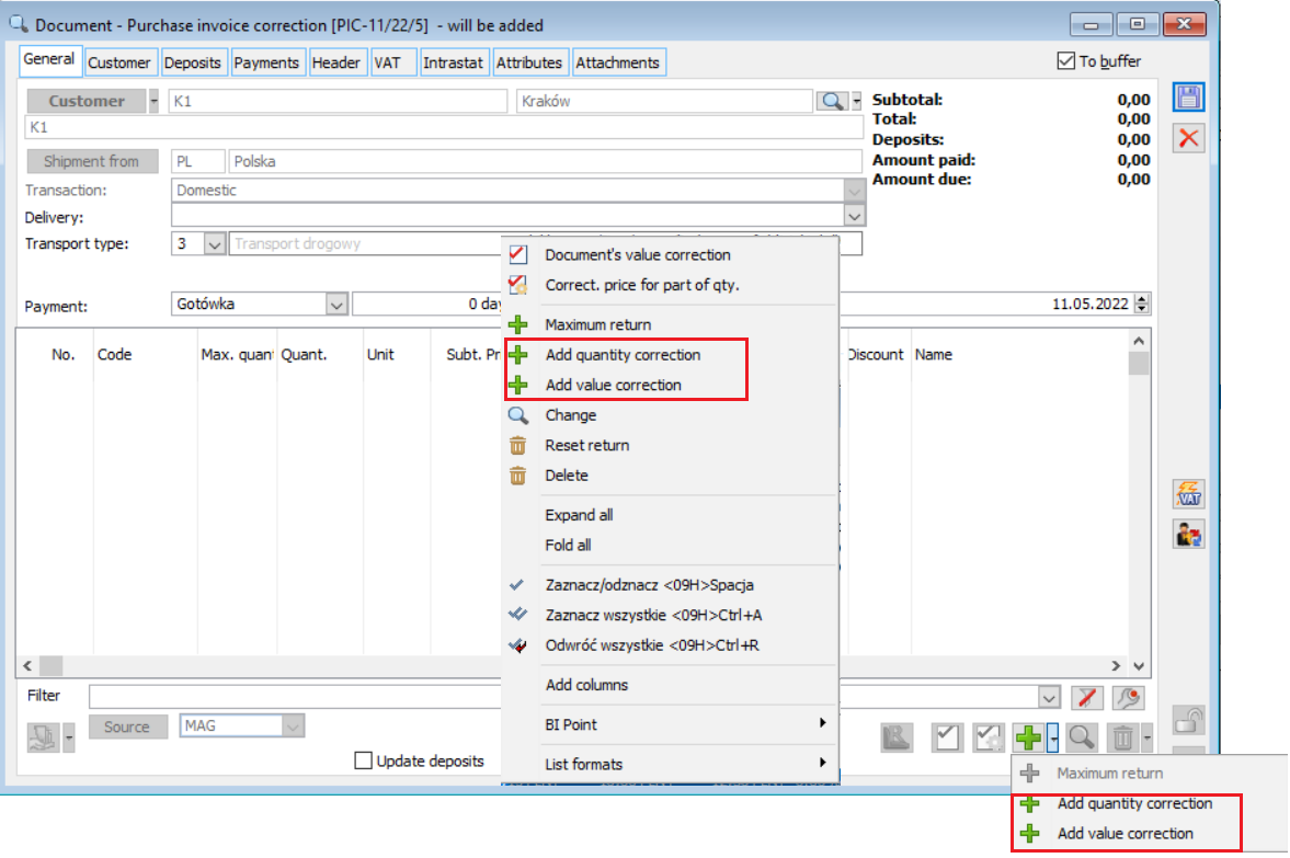 Options for adding items to a purchase invoice adjustment